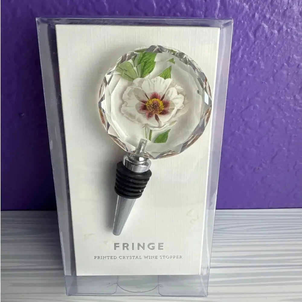 Fringe Printed Crystal Wine Stopper White Flower Faceted Glass Topper NIB